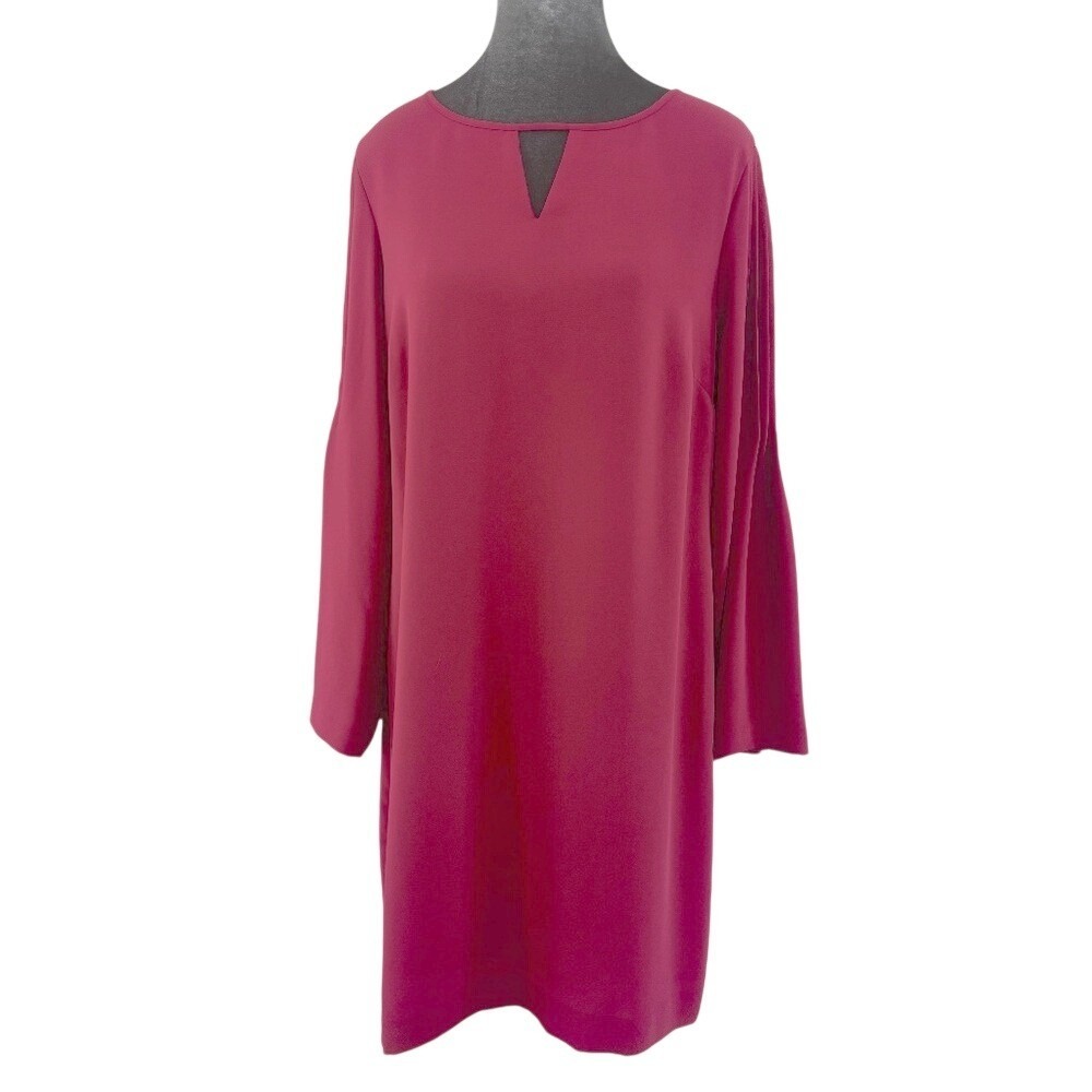 Ann‎ Taylor Barbiecore Magenta Pink Keyhole Pleated Bell Sleeve Shift Dress 12P